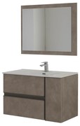 Mobile Bagno Sospeso 90 Cm Due Cassetti Un Anta Specchio Su Pannello 90x70 Cm Feridras "Oxid" Beton Cenere