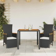 Set da pranzo da giardino 3 pz con cuscini nero in polyrattan