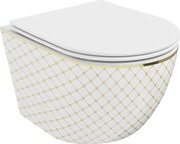 Mexen Lena wc a parete senza bordo con sedile a chiusura rallentata slim, duroplast, bianco/oro motivo a quadri - 30224009