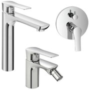 Set miscelatori lavabo alto bidet e doccia con deviatore in ottone Flat