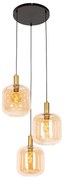 Lampada a sospensione di design nera con ottone e vetro ambrato 3 luci - Zuzanna
