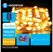 Aigostar - Catena di Natale solare a LED 100xLED/8 funzioni 12m IP65 bianco caldo