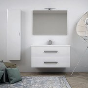 Mobile bagno bianco lucido 100 cm sospeso a due cassetti con specchio filo lucido e colonna da 140 cm