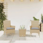 Set da bistrò 3 pz con cuscini beige polyrattan e vetro