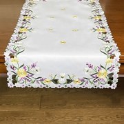 Tovaglia bianca con delicato ricamo di fiori primaverili Larghezza: 40 cm | Lunghezza: 160 cm