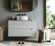 Mobile bagno bianco opaco 100x45 Mango due cassetti soft close con top quercia e lavabo tondo da appoggio in ceramica lucida