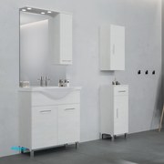 Mobile Bagno A Terra "Rubino" Da 75 Cm Composto Da Due Ante Lavabo E Specchio Con Pensile Finitura Rovere Bianco