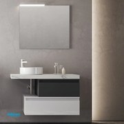 Mobile Bagno Sospeso "Ninfa" Da 100 Cm Composto Da Un Mensolone Top C/Due Base Cassetti Sfalsati Lavabo E Specchio Con Lampada Led