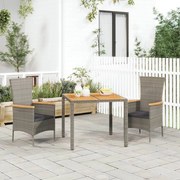 Set da pranzo da giardino 3 pz con cuscini in polyrattan grigio