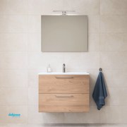 Mobile Bagno Sospeso "Mia" Da 80 Cm Composto Da Due Cassetti Lavabo E Specchio Con Lampada Led Finitura Golden Oak