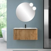Mobile bagno sospeso 90 cm rovere africa cannettato con cassetto, specchio e lavabo Nara