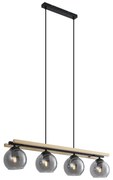 Lampada a sospensione smart nera con legno e vetro fumé 4 luci incl. WiFi A60 - Aleks