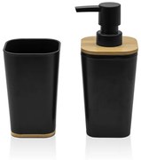 Set bagno dispenser e portaspazzolino nero opaco con dettagli in bambù