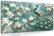 Quadro su tela – Pavone circondato da fiori bianchi