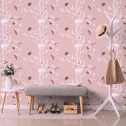 Carta da parati – Uccellini nella foresta fitta con sfondo rosa