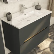 Set Mobile Bagno AURLANE 80 Cm Stile Industriale - Cassettiera Rovere Con Lavabo Ceramica E Specchio Nero