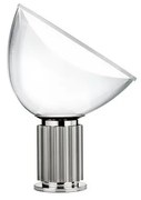 Flos Taccia Small Lampada da tavolo H.48 cm orientabile con dimmer a luce indiretta/riflessa in vetro trasparente e alluminio Argento