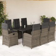 Set da pranzo da giardino 9 pz con cuscini in polyrattan grigio
