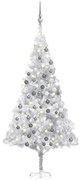 Albero di Natale Preilluminato con Palline Argento in PET, Albero di Natale Preilluminato con Palline Argento 180 cm PET