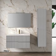 Mobile Bagno Sospeso "Victor" Da 90 Cm C/Base Due Cassetti Lavabo In Ceramica e Specchio C/Lampada Led