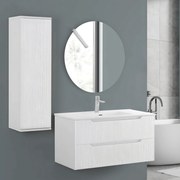 Mobile Bagno Sospeso Cannettato 100 Cm Due Cassetti Specchio Tondo a Filo Diametro 80 Cm Feridras "Kannè" Bianco Opaco