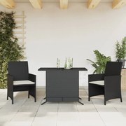 Set da bistrò 3 pz con cuscini nero in polyrattan