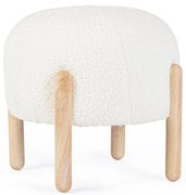 Pouf DAYLA in tessuto bianco effetto bouclé e gambe in legno rubberwood