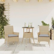 Set da pranzo da giardino 3 pz con cuscini polyrattan e vetro