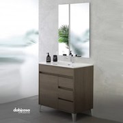 Mobile Bagno A Terra "Mondo 2.0" Da 82 Cm Composto Da Un'Anta e Tre Cassettini Lavabo E Specchio Finitura Rovere Scuro