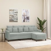Divano A 3 Posti Con Poggiapiedi Grigio Chiaro 180cm İn Velluto /