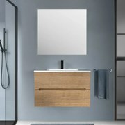 Mobile bagno sospeso 80 rovere cannettato 2 cassetti lavabo e specchio Rigo
