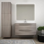 Mobile bagno 100 cm moderno sospeso curvo Larice modello Berlino con specchio led e colonna da 170 cm