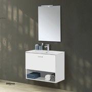 Mobile Bagno Sospeso "Greta" Da 80 Cm Composto Da Un Cassetto Ed Un Vano A Giorno Lavabo E Specchio Con Lampada Led Finitura Bianco Lucido