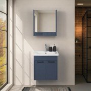 Mobile bagno sospeso 55 cm blu effetto legno con armadietto a specchio Sofia