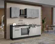 Cucina montata Dora bianco e grigio chiaro, lavello a destra, L.240 cm, completa di: cappa a camino, piano cottura a induzione, forno e lavastoviglie