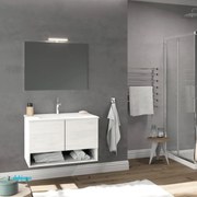 Mobile Bagno Sospeso "Oslo" Da 80 Cm Composto Da Due Ante Ed Un Vano a Giorno Lavabo E Specchio Con Lampada Led Finitura Rovere Bianco