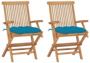 Sedie da giardino 2 pz con cuscini azzurro in massello di teak