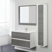 Mobile Bagno Sospeso 90 Cm Due Cassetti Specchio Su Pannello 90x80 Cm Feridras "Fabula" Bianco/Cemento