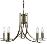 Lampadario Industrial-Nordico Ascona Acciaio Ottone Vetro 5 Luci E14