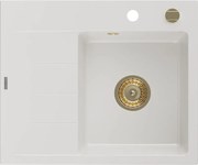 Mexen Ben lavello in granito a una vasca con scolapiatti, destro 600 x 500 mm, bianco, sifone dorato - 6523605000-20-G