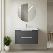 Mobile bagno sospeso 80 cm grigio cannettato e profili neri con lavabo e specchio tondo Zena
