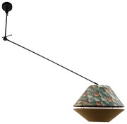 Lampada a sospensione nera con doppio paralume in velluto, motivo foglia e beige - Blitz