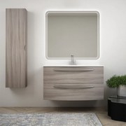 Mobile bagno 100 cm moderno sospeso curvo Larice modello Berlino con specchio led e colonna da 140 cm