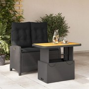 Set da pranzo da giardino 2 pz con cuscini nero in polyrattan