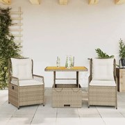 Set da pranzo da giardino 3 pz con cuscini beige in polyrattan