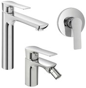 Set miscelatori lavabo alto bidet e doccia Flat con piletta click clack