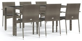 Set da pranzo da giardino 7 pz con cuscini in polyrattan grigio