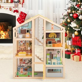 Costway Casa delle famiglie moderne con mobili e figure con garage e porta apribile, Casa delle bambole in legno per bambini Naturale