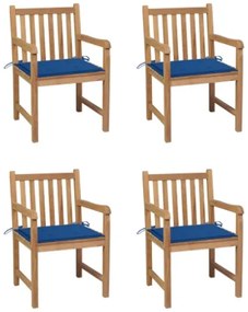 Sedie da Giardino 4 pz con Cuscini Blu Reale Massello di Teak