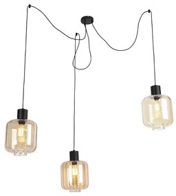 Lampada a sospensione di design nera con vetro ambrato 3 luci 226 cm - Qara
